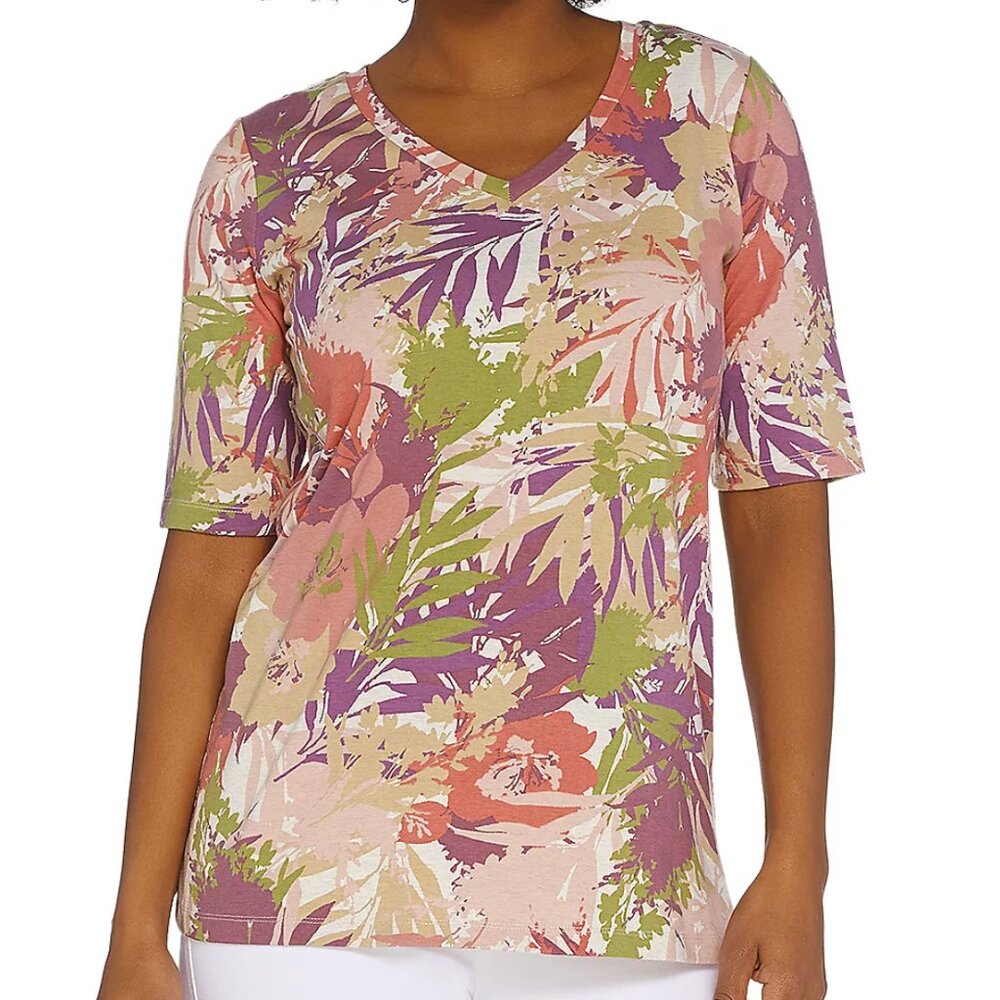 Denim & Co Tropical Print Elbow Sleeve V-Neck Top